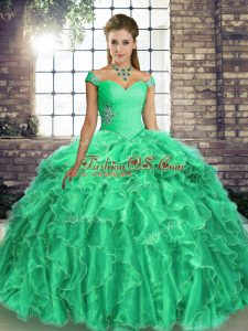 Turquoise Sleeveless Organza Brush Train Lace Up Quinceanera Gowns for Military Ball and Sweet 16 and Quinceanera