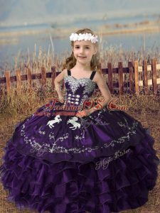 Purple Little Girl Pageant Dress Wedding Party with Embroidery and Ruffled Layers Straps Sleeveless Lace Up