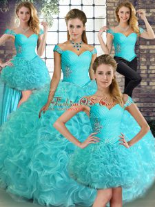 Cheap Sleeveless Floor Length Beading Lace Up 15 Quinceanera Dress with Aqua Blue