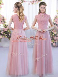 Pink Zipper High-neck Lace Wedding Guest Dresses Tulle Cap Sleeves