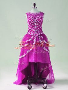 Free and Easy High Low Fuchsia Prom Dresses Scoop Sleeveless Zipper