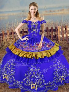 Decent Ball Gowns Vestidos de Quinceanera Blue Off The Shoulder Satin Sleeveless Floor Length Lace Up