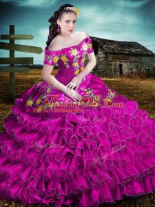 Suitable Fuchsia Sleeveless Floor Length Embroidery and Ruffles Lace Up Quinceanera Gown