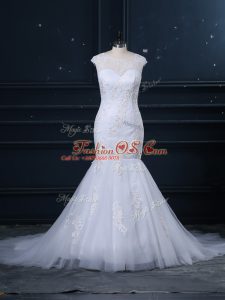 Graceful Scoop Sleeveless Tulle Wedding Dresses Lace Brush Train Clasp Handle