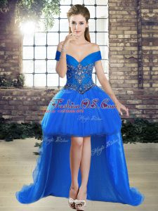 Sweet Blue Lace Up Off The Shoulder Beading Tulle Sleeveless