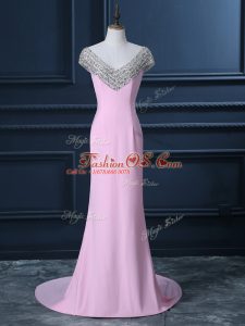 Spectacular V-neck Cap Sleeves Court Train Side Zipper Prom Dresses Pink Chiffon