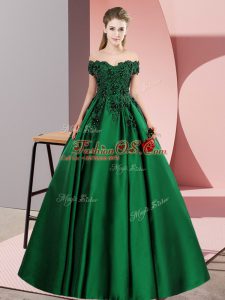 Green Satin Zipper Off The Shoulder Sleeveless Floor Length Quinceanera Gown Lace