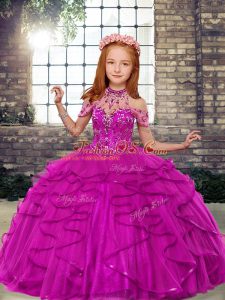 Simple Fuchsia High-neck Lace Up Beading and Ruffles Little Girls Pageant Dress Wholesale Sleeveless
