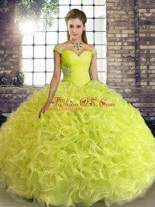 Charming Yellow Green Ball Gowns Off The Shoulder Sleeveless Fabric With Rolling Flowers Floor Length Lace Up Beading Quinceanera Dress