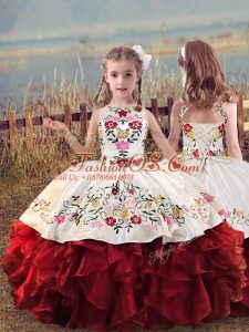 White And Red Lace Up Scoop Embroidery and Ruffles Little Girl Pageant Gowns Organza Sleeveless