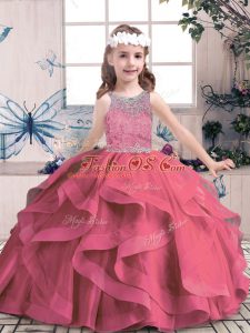 Superior Scoop Sleeveless Tulle Pageant Dress for Womens Beading and Ruffles Lace Up