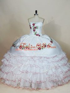 Beauteous Sleeveless Floor Length Embroidery and Ruffled Layers Lace Up Quinceanera Dress with White