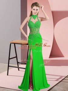 Best Green Halter Top Backless Lace and Appliques Teens Party Dress Sleeveless