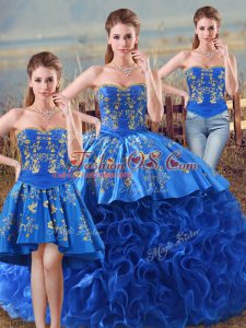 Luxurious Sleeveless Fabric With Rolling Flowers Floor Length Lace Up Quinceanera Gowns in Royal Blue with Embroidery and Ruffles