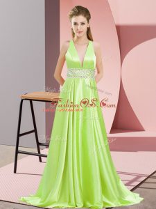 Yellow Green Elastic Woven Satin Backless V-neck Sleeveless Prom Dress Brush Train Beading