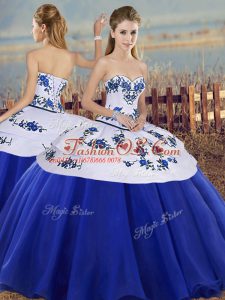 Extravagant Royal Blue Tulle Lace Up Sweetheart Sleeveless Floor Length Sweet 16 Dress Embroidery