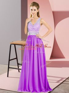 Purple Prom Gown Prom and Party and Military Ball with Beading and Lace V-neck Sleeveless Backless