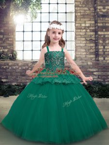 Affordable Sleeveless Floor Length Beading Lace Up Little Girls Pageant Dress Wholesale with Green