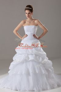Clearance White Lace Up Wedding Dress Lace and Pick Ups Sleeveless Brush Train