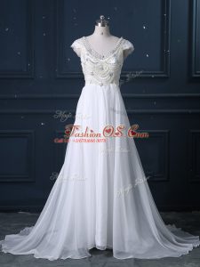 Zipper Wedding Dress White for Wedding Party with Beading Brush Train