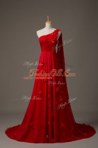 Elegant Red Sleeveless Watteau Train Hand Made Flower Prom Dresses