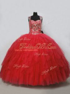 Suitable Floor Length Lace Up Sweet 16 Dress Red for Sweet 16 and Quinceanera with Beading and Ruffles