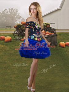 Royal Blue Sleeveless Mini Length Embroidery and Ruffles Lace Up Dress for Prom