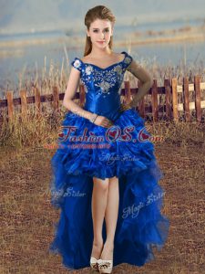 Ideal Royal Blue Organza Lace Up Off The Shoulder Sleeveless High Low Prom Dresses Embroidery and Ruffles
