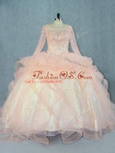 Modest Long Sleeves Floor Length Beading and Ruffles Lace Up Ball Gown Prom Dress with Peach