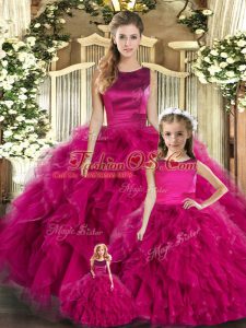 Shining Fuchsia Sleeveless Tulle Lace Up 15 Quinceanera Dress for Military Ball and Sweet 16 and Quinceanera