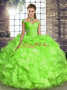 Low Price Yellow Green Ball Gowns Organza Off The Shoulder Sleeveless Beading and Ruffles Floor Length Lace Up Vestidos de Quinceanera