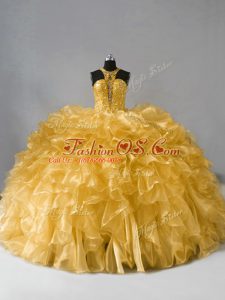 Beading and Ruffles Ball Gown Prom Dress Gold Zipper Sleeveless Floor Length
