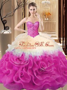 Sweetheart Sleeveless Fabric With Rolling Flowers Sweet 16 Quinceanera Dress Beading and Ruffles Lace Up