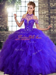 Sleeveless Tulle Floor Length Lace Up Quinceanera Dresses in Purple with Beading and Ruffles