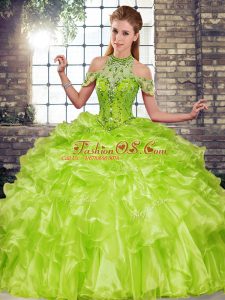 Unique Olive Green Sleeveless Organza Lace Up Vestidos de Quinceanera for Military Ball and Sweet 16 and Quinceanera