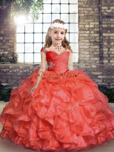 Sweet Floor Length Lace Up Little Girls Pageant Dress Wholesale Coral Red for Party and Sweet 16 and Wedding Party with Beading and Ruching