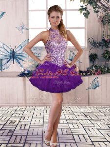 Purple Tulle Lace Up Prom Dress Sleeveless Mini Length Beading and Ruffles