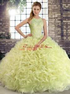 Yellow Green Scoop Lace Up Beading 15 Quinceanera Dress Sleeveless