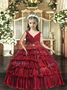 Red Backless V-neck Beading and Ruffled Layers Little Girls Pageant Dress Wholesale Sleeveless
