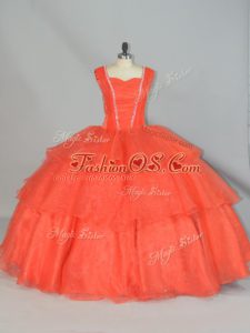 Orange Red Ball Gowns Organza Straps Sleeveless Beading and Ruffled Layers Floor Length Lace Up Quinceanera Gown