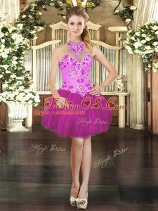 Luxurious Fuchsia Ball Gowns Halter Top Sleeveless Tulle Mini Length Lace Up Embroidery Prom Dress