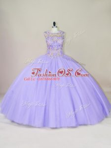 Pretty Lavender Sleeveless Floor Length Beading Lace Up Quince Ball Gowns