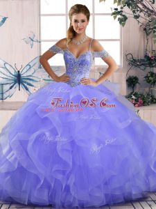 Lavender Sleeveless Beading and Ruffles Asymmetrical Quince Ball Gowns