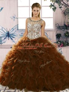 New Arrival Brown Sleeveless Organza Lace Up Vestidos de Quinceanera for Military Ball and Sweet 16 and Quinceanera