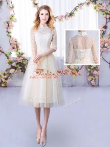 Artistic Half Sleeves Tulle Tea Length Lace Up Wedding Party Dress in Champagne with Lace
