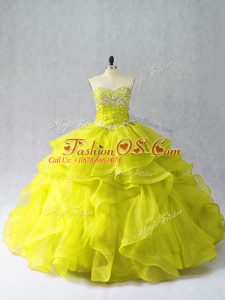 Noble Organza Sweetheart Sleeveless Lace Up Beading and Ruffles Sweet 16 Dress in Yellow Green