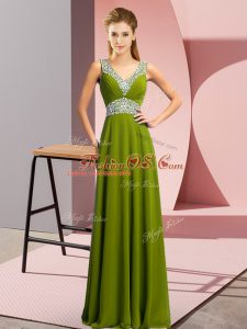 Sleeveless Chiffon Floor Length Lace Up Teens Party Dress in Olive Green with Beading