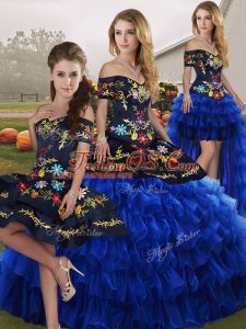 Dazzling Floor Length Blue And Black Vestidos de Quinceanera Organza Sleeveless Embroidery and Ruffled Layers