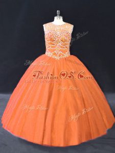 Floor Length Orange Quince Ball Gowns Tulle Sleeveless Beading