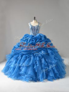 Custom Designed Blue Lace Up Straps Beading and Ruffles Quinceanera Dresses Organza Sleeveless
